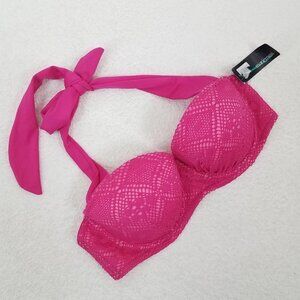 Mariemeili Size 36B Halter Neck Bikini Swim Top with Crocheted Overlay Pink NWT